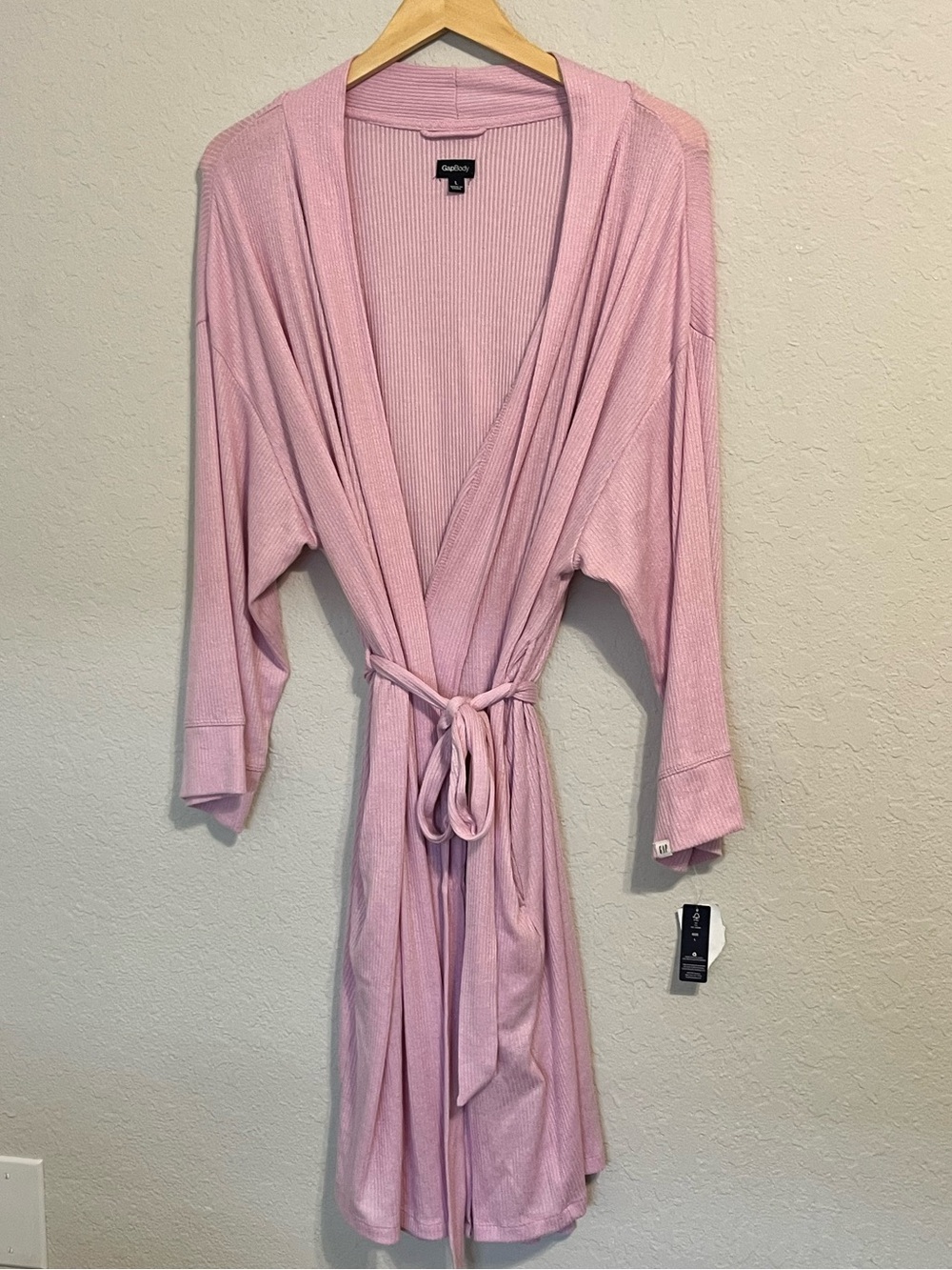 GapBody Ribbed Knit Robe Pink Large Tie Waist Lounge Sleepwear Duster Gap Body